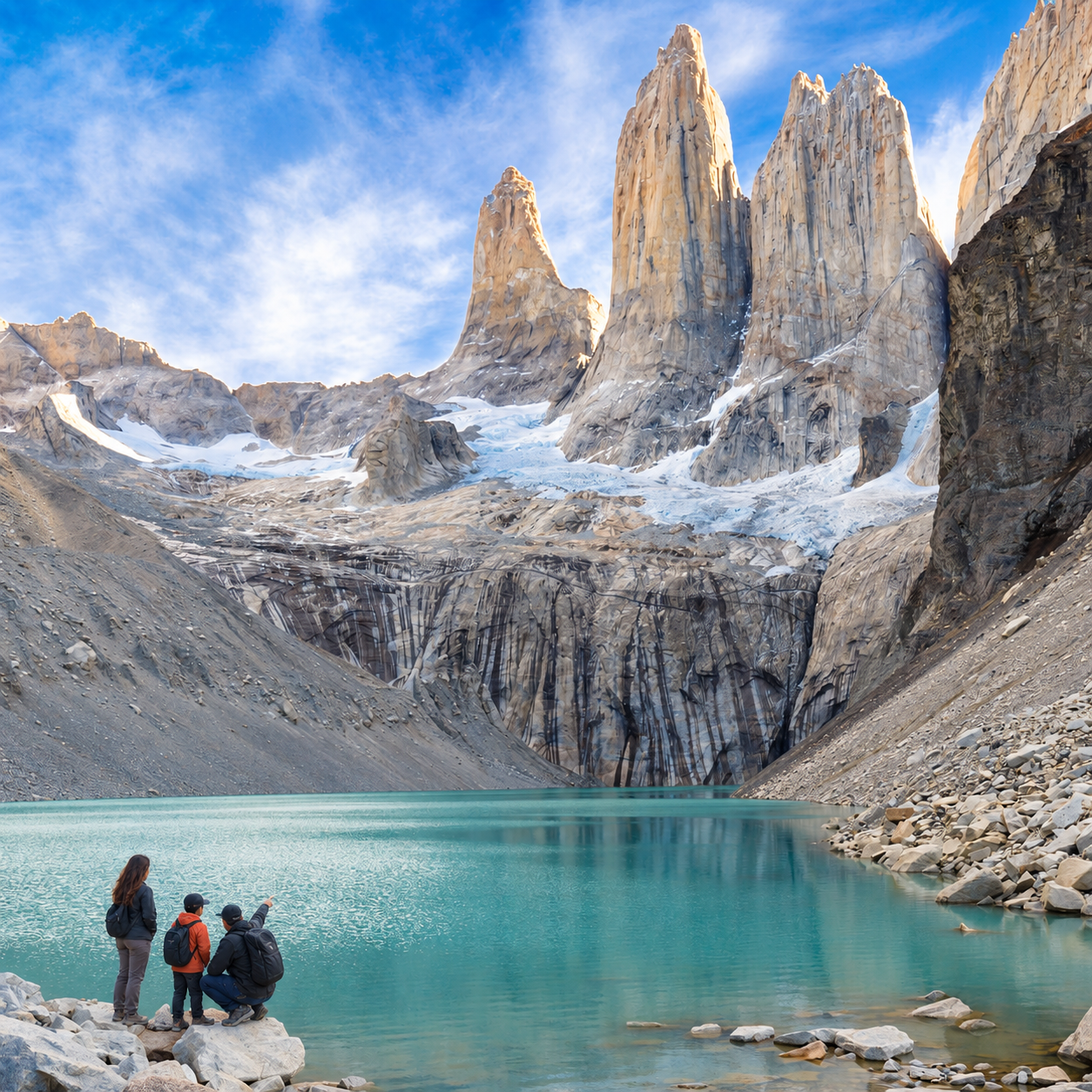 Torres del Paine y su laguna en la Patagonia chilena